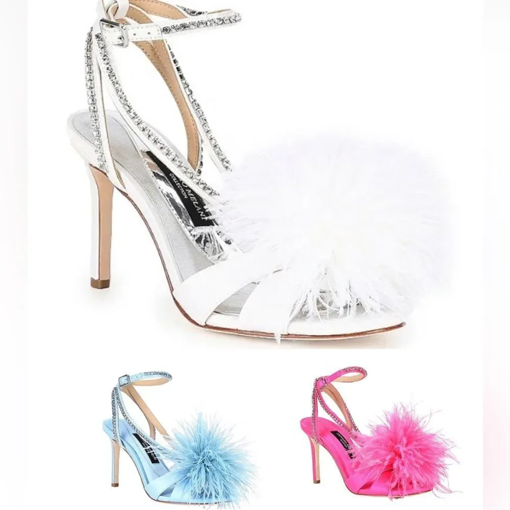 Antonio Melani AURORA Feathered Dress Sandal Rhinestones Ankle Wrap Strap